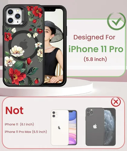 Vista 2 de Dretal Magnético para iPhone 11 Pro, Funda Floral, Protector de Pantalla, Anillo de Lente Integrado, Soporte, Protección de Grado Militar, Funda