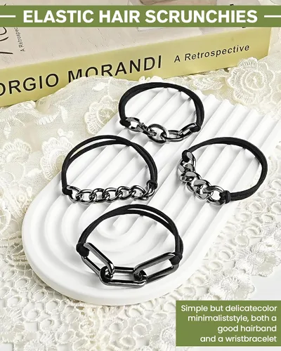 Vista 5 de Paquete de 4 ligas negras para el cabello de mujer, doble cuerda elástica de metal para cabello grueso, sin daños para cola de caballo, cabello fino