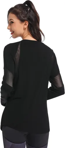 Vista 3 de Muzniuer Camisetas de entrenamiento de manga larga para mujer, camiseta lisa de manga larga para mujer, camiseta deportiva de yoga con agujero