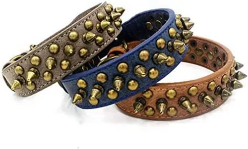 Vista 3 de Spike - Collar de perro con remaches con tachuelas vintage de bronce para cachorros, perros pequeños, medianos y grandes, azul, XS