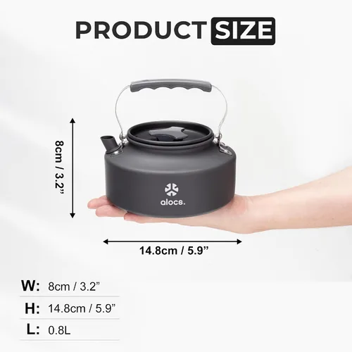 Vista 4 de Alocs Pava de 0,8 L, tetera portátil para acampar, cafetera de camping, pava de aluminio con anodizado duro, pava compacta para estufa