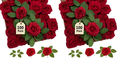 Vista 10 de 100 rosas artificiales de espuma roja oscura de aspecto real con tallos Rojo oscuro