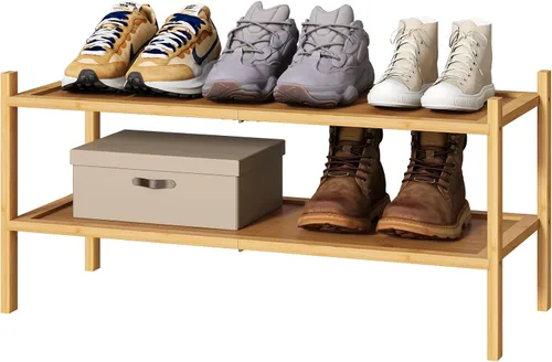 Vista 10 de kiplant Zapatero de bambú negro de 2 niveles, zapatero apilable de madera de bambú para armario, entrada y pasillo