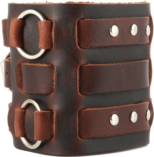 Vista 7 de HZMAN Anillo de Aleación para Hombre Pulsera Brazalete Puño de Cuero Genuino Tono Plateado Ajustable Negro