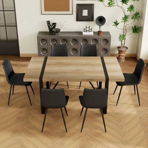 Vista 7 de Juego de mesa de comedor para 6, mesa de madera de 180 cm y juego de 6 sillas, adecuado para comedor, cocina, sala de estar