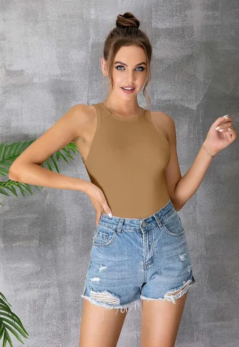 Vista 2 de MANGDIUP Body básico sin mangas con cuello redondo para mujer, ajuste delgado, de algodón elástico, camiseta sin mangas con cuello halter