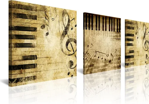 Vista 18 de 3 piezas de lienzo musical para pared, impresiones de notas musicales abstractas, coloridas ilustraciones de ondas sonoras, claves agudas