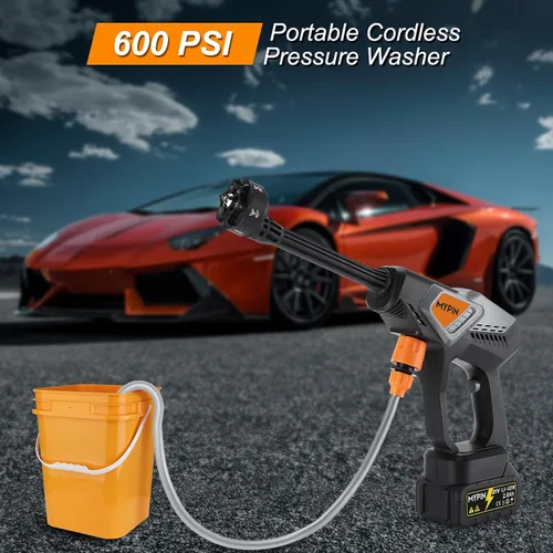 Vista 7 de Lavadora a presión inalámbrica portátil, 600 PSI con dos lavadoras a presión recargables de 21 V, boquilla 6 en 1 con 2 baterías para limpieza