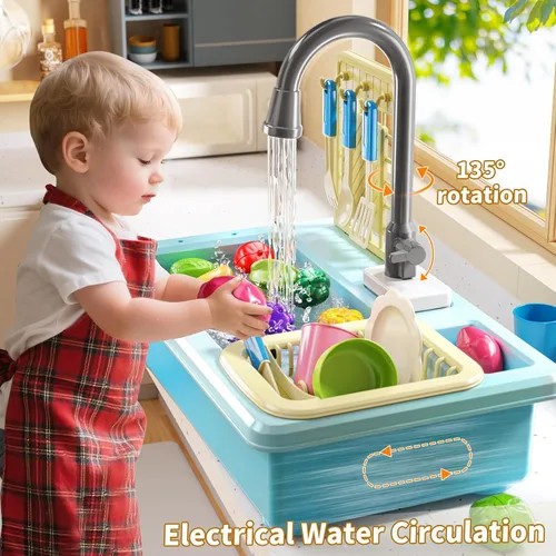 Vista 2 de JUKUDAHU - Lavaplatos de juguete con agua corriente, juguetes de cocina con fregadero para niños de 3, 4, 5, 6 y 7 años de edad, lavavajillas