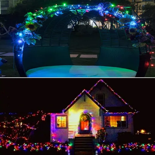 Vista 3 de Paquete de 2 luces de cadena solar de 200 LED, 85.2 pies 8 modos de luces de cadena solar para exteriores, luces de cadena impermeables