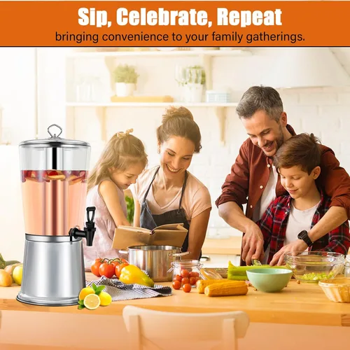 Vista 7 de Dispensador de bebidas de 2 galones con soporte, dispensadores de bebidas para fiestas, dispensadores de jugo de acero inoxidable con tubo de hielo