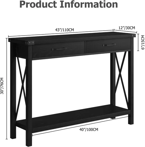 Vista 3 de Alkmaar Mesa de entrada de granja, mesa consola negra con cajones, mesa de sofá de madera con almacenamiento, mesa de pasillo para entrada, sala