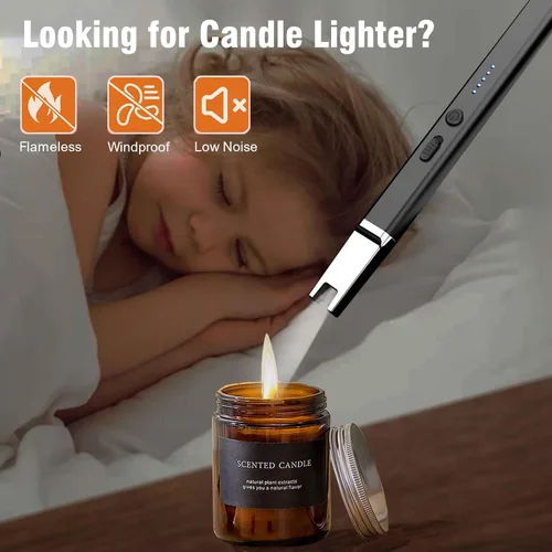 Vista 5 de Jaerdhs Encendedor de velas sin llama, encendedor eléctrico USB recargable, encendedor largo ARC para vela, encendedor resistente al viento, regalo