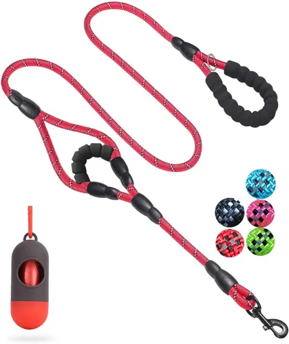 Vista 11 de JSXD Correa resistente de doble asa para perro, 5 pies, acolchada y reflectante, cuerda para perros pequeños a grandes (negro)