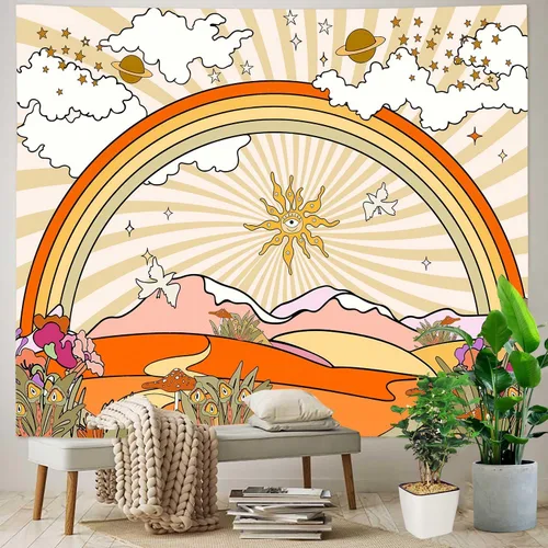 Vista 3 de TPMDFC Tapiz retro de los años 70 y 60, tapiz vintage de flores, nubes, sol y arco iris, tapiz para colgar en la pared, tapiz estético bohemio