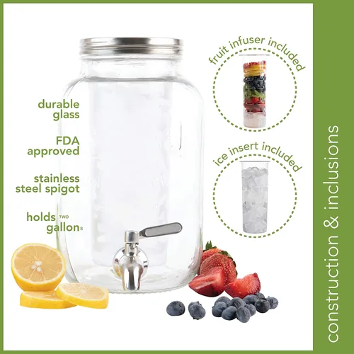 Vista 6 de Dispensador de bebidas de vidrio de 2 galones con infusores de hielo y frutas, espita de acero inoxidable y tapa de metal, dispensador de bebidas