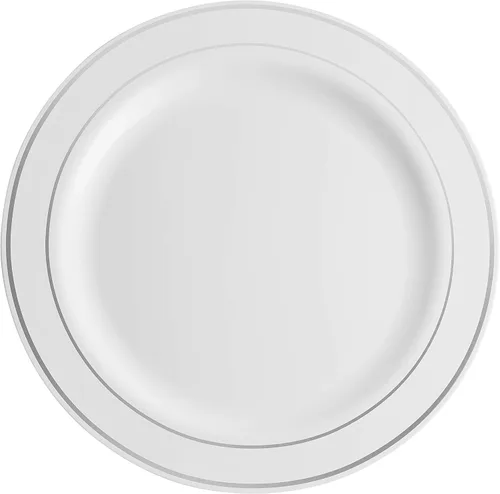 Vista 2 de Munfix Juego de 100 platos de plástico plateado, 50 piezas de cena de 10.25 pulgadas y 50 platos de postre de plástico de 7.5 pulgadas, elegantes