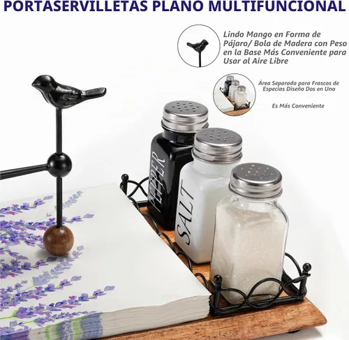 Vista 4 de Encantador servilletero de madera con diseño de pájaro – Incluye espacio para saleros y pimenteros – Servilletero negro multifuncional para mesa