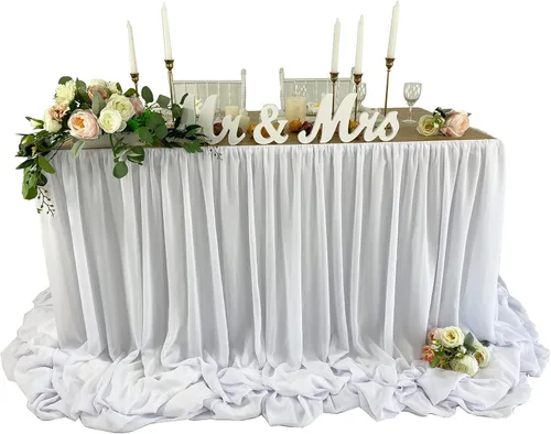 Vista 9 de Falda de mesa de chiffon con longitud extra, 6 pies, 9 pies, 14 pies, mantel transparente, para baby shower, cumpleaños, decoración principal