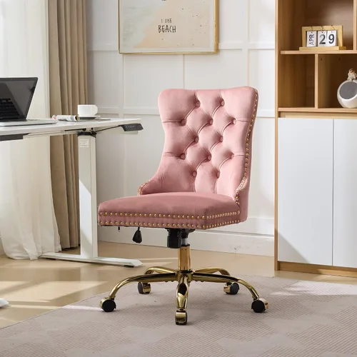 Vista 12 de SSLine Elegante silla de escritorio de terciopelo para niñas y mujeres, silla giratoria copetuda para computadora de oficina con ruedas, moderna