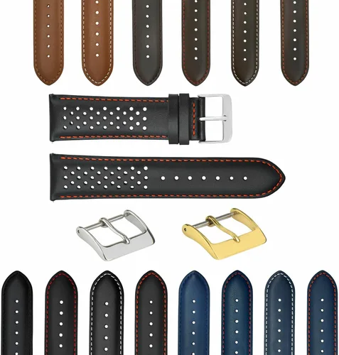 Vista 12 de Ewatchparts Correa de reloj de piel perforada de 18-19-20-21-22-0.906-0.945 in compatible con Rolex Quick Release Negro y dorado