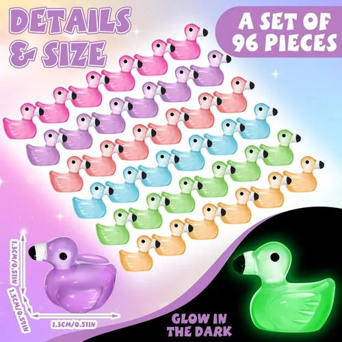 Vista 2 de Syhood 96 piezas luminosas de mini patos flamencos en miniatura que brillan en la oscuridad resina flamenco pequeño pato diminuto figuras
