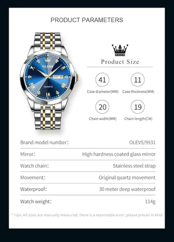 Vista 6 de OLEVS Reloj para hombre con diamantes de imitación, analógico, de cuarzo, acero inoxidable, impermeable, luminoso, fecha, dos tonos, de lujo