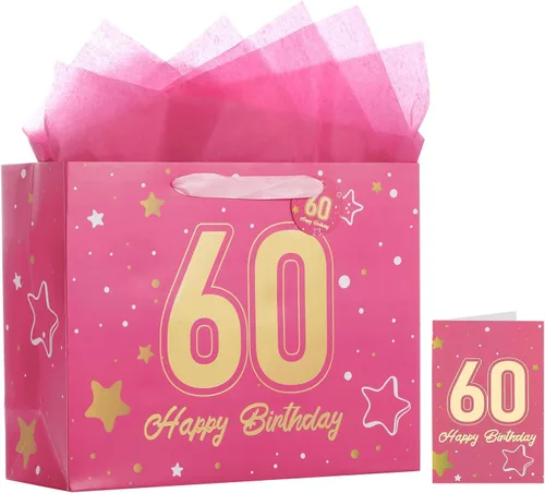 Vista 22 de Powbrace Bolsa de regalo de cumpleaños número 30 negra de 13 pulgadas con papel de seda y tarjeta de felicitación para fiestas, bolsa de regalo