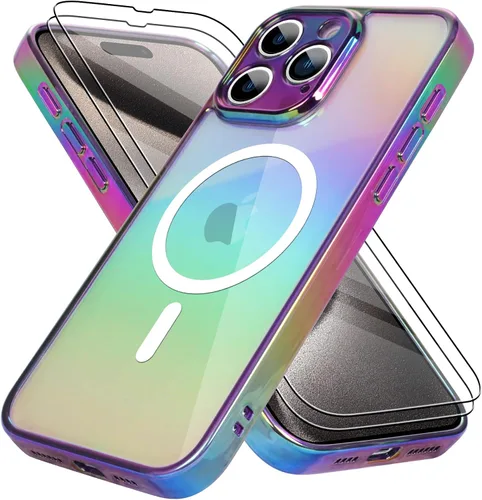 Vista 14 de Bonoma Funda magnética para iPhone 13 【Soporte para Magsafe】Protector de cámara de lujo de cristal fluorescente iridiscente con láser brillante + 2