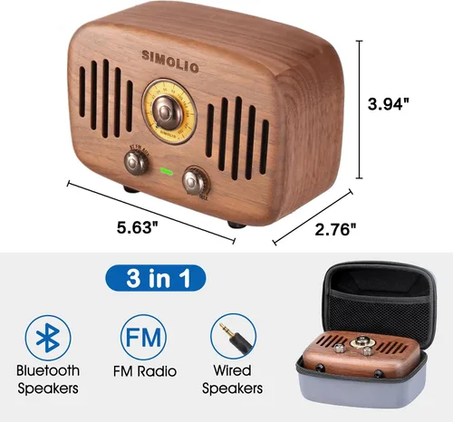 Vista 4 de SIMOLIO Altavoces Bluetooth retro de radio vintage, fuerte y potente sonido estéreo de 2 x 8 W, altavoz de madera de nogal negro natural con radio
