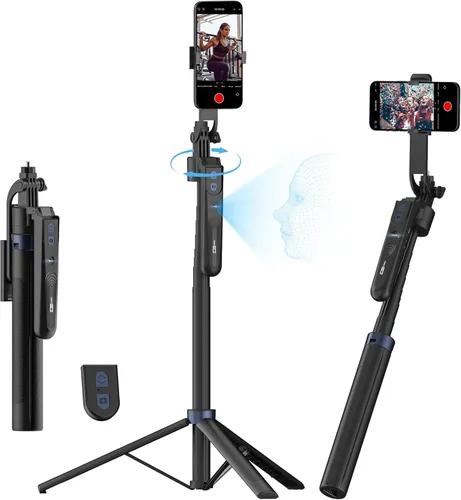 Vista 11 de USKEYVISION Trípode de seguimiento facial automático con rotación de 360°, trípode de teléfono para iPhone con luz de relleno, palo selfie