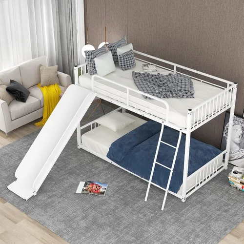 Vista 11 de Litera de metal individual sobre individual con escalera, litera de metal con tobogán para dormitorio de niños (casa negra con tobogán)
