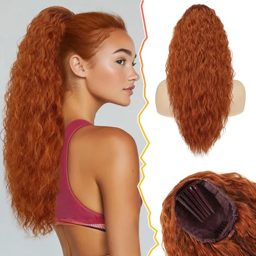 Vista 11 de BARSDAR Extensión de cola de caballo rizada ondulada con cordón negro marrón – 22 pulgadas de extensión de cabello sintético con peine de clip