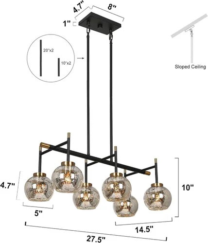 Vista 7 de KSANA Lámpara de comedor, candelabro moderno de metal negro dorado para isla de cocina con pantallas de vidrio mercurio, 27.5