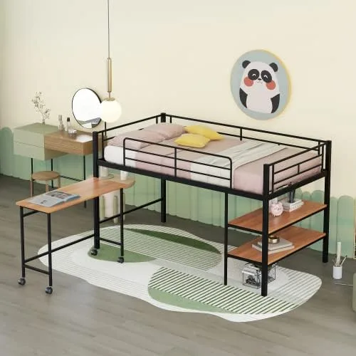 Vista 3 de anwickjeff Moderna cama baja tipo loft tamaño individual con escritorio y 2 estantes de almacenamiento para niños y adultos, marco de cama de metal