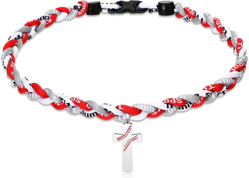 Vista 4 de Glenmal Collar de béisbol para niños, de acero inoxidable, dije de titanio, trenzado, deportivo, regalo de béisbol para hombres y niños, 20 pulgadas