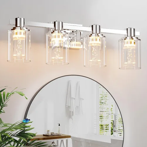 Vista 20 de Quntis Lámparas de baño de níquel cepillado con 5 modos de color, lámpara de tocador de baño moderna regulable de 3 luces sobre espejo, lámpara