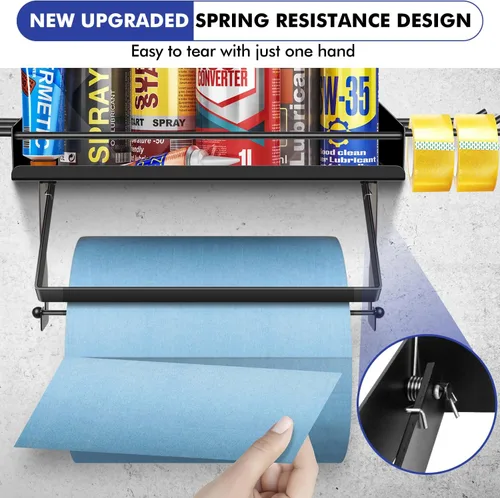 Vista 3 de Soporte para toallas de papel de garaje con estante, soporte de pared de metal de alta calidad con 6 ganchos, desgarro con una mano, organización