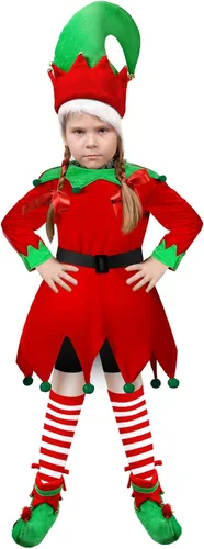 Vista 5 de Syhood 4Pcs Girl Christmas Elf Costume Santa's Helper Costume Elf Outfit Dress with Elf Hat Shoes Belt Striped Stocking