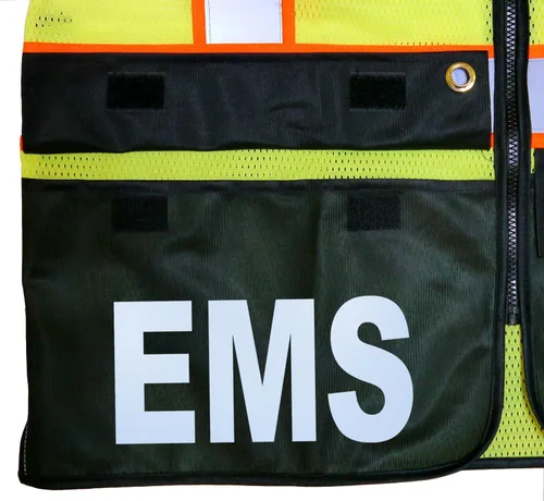 Vista 6 de Chaleco de seguridad EMS Survivor, Tipo R Clase 2, logotipos reflectantes con bolsillo trasero gigante. Amarillo con plata/logotipo reflectante