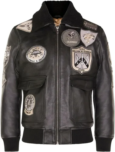 Vista 7 de Chaqueta bomber de piel de vuelo Air Force A2 para hombre con cuello de oveja y parches Negro