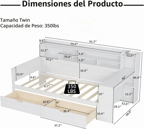 Vista 2 de VilroCaz Cama de sofá de tamaño individual de madera con estantes de almacenamiento y escritorio de estudio, estructura de cama de día Blanco