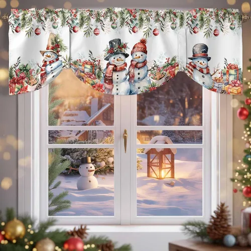 Vista 2 de Cenefa de amarre de muñeco de nieve de dibujos animados para ventanas de cocina, bolas de Navidad, ramas de hojas, cenefas de cortina de 42 x 12
