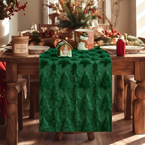 Vista 2 de IVAPUPU Camino de mesa de Navidad para vacaciones de invierno, árbol de Navidad verde de felpa suave con pelusa, decoración del hogar de Navidad