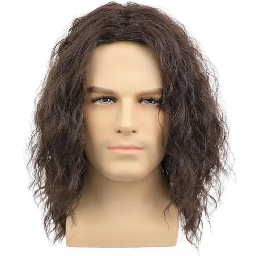 Vista 9 de Peluca ondulada corta negra con raya media para hombre, disfraz de cosplay Negro