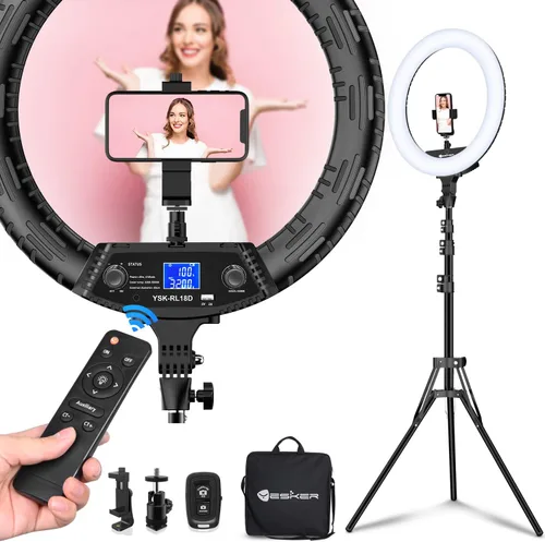 Vista 8 de Yesker Anillo de luz de 18 pulgadas con trípode grande para selfie, luz de anillo ajustable de 6000 K regulable, LED, portátil, profesional, kit