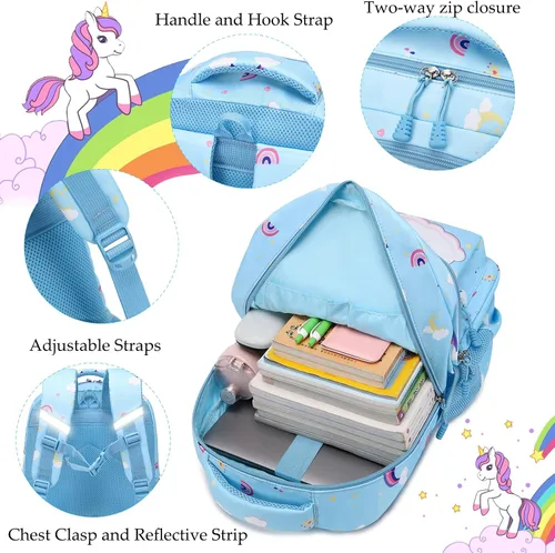 Vista 5 de Dafelile Mochila de unicornio para niñas de primaria, mochila para niños, mochila escolar para niñas, juego 3 en 1 para volver a la escuela
