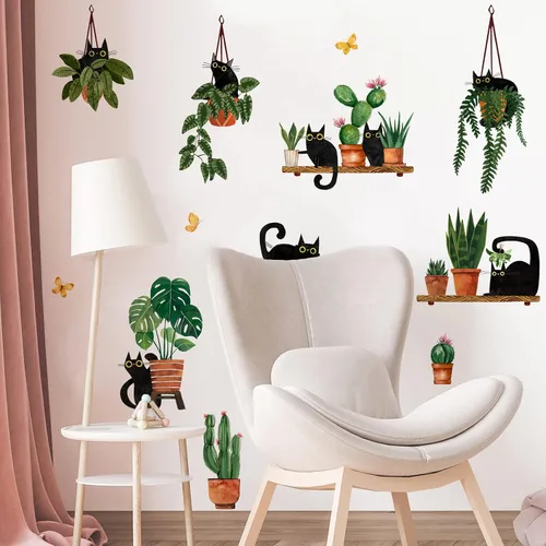 Vista 5 de Yovkky Calcomanías de pared de plantas en maceta de gatos negros, caricaturas, gatito, bonsái, guardería, sala de juegos, decoración de cactus