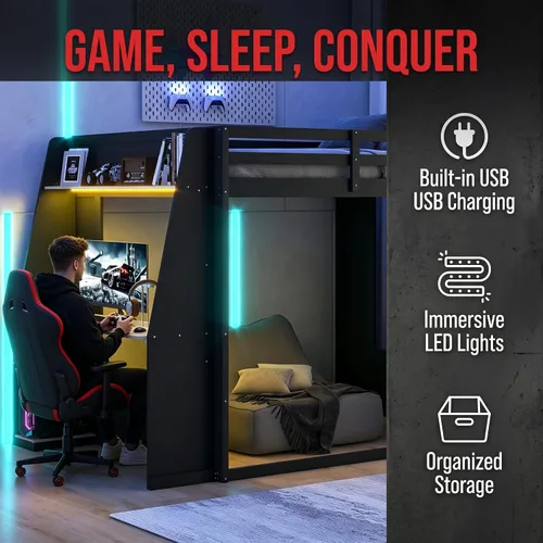 Vista 4 de Polibi Twin Wooden Gaming Bunk Bed with Desk, USB & LED Light