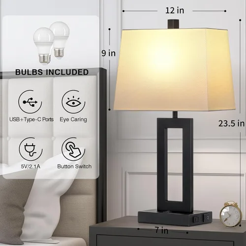 Vista 7 de Cinkeda Juego de 2 lámparas de mesa con puertos USB C+A y salida de CA, lámparas de noche, lámparas modernas para dormitorio, lámparas negras